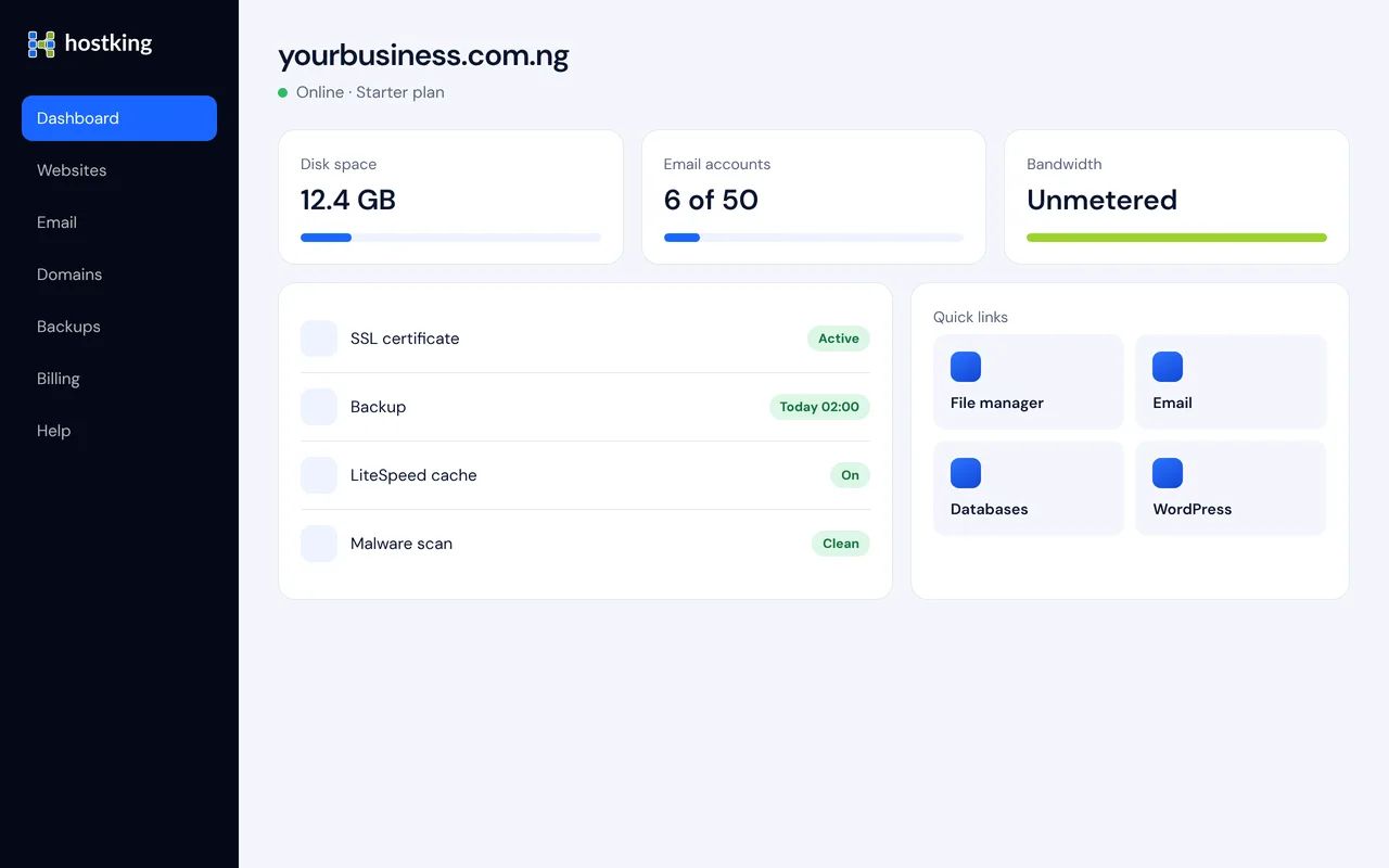 The Hostking hosting dashboard