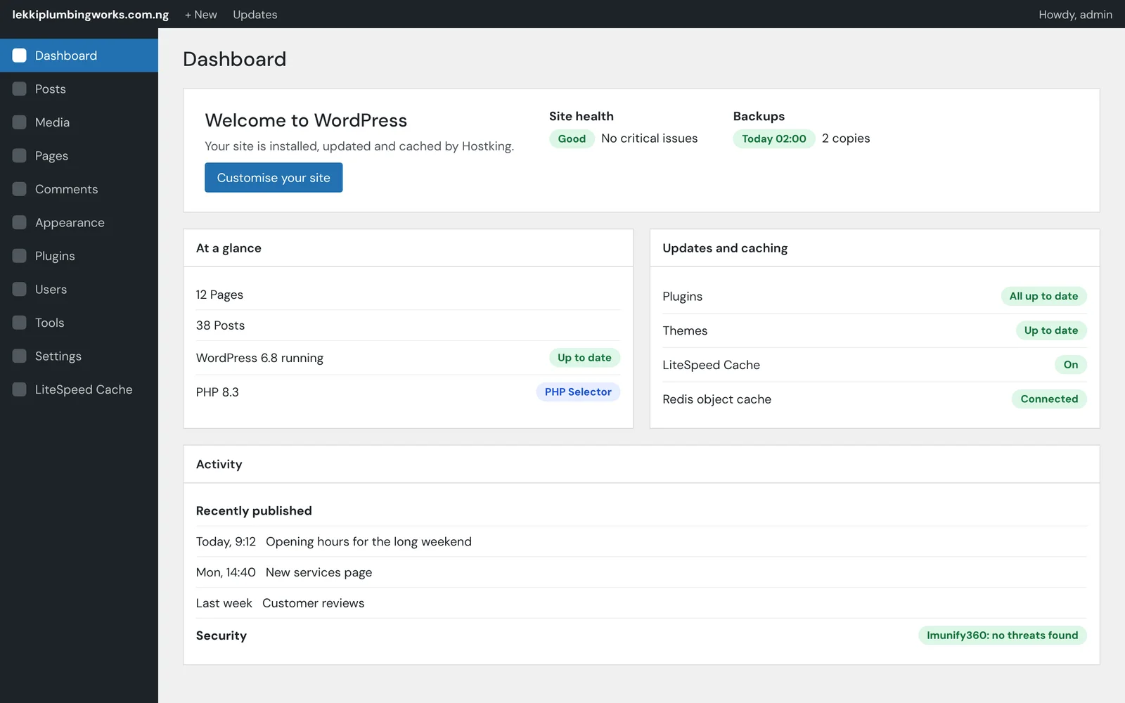 A WordPress dashboard on Hostking